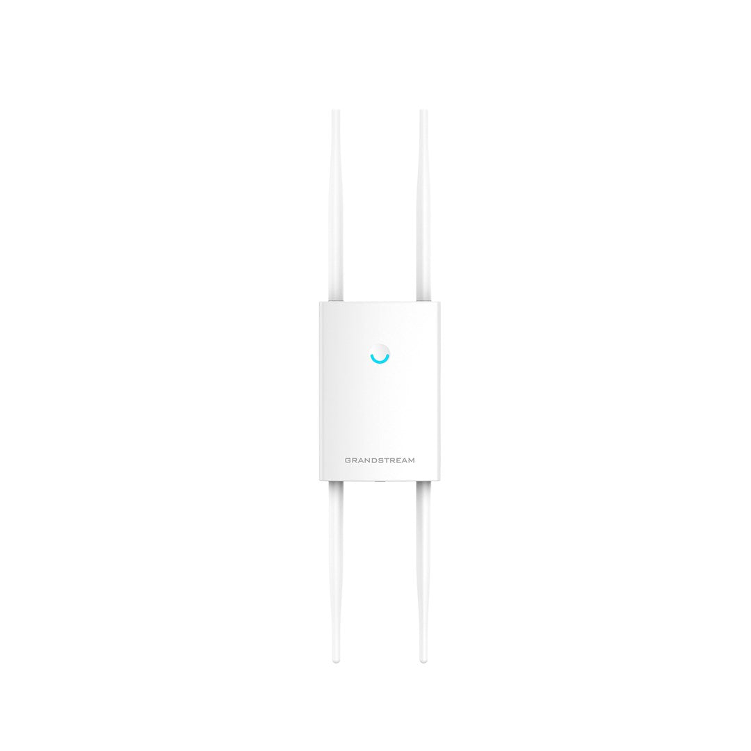 Un router Wi-Fi Grandstream bianco con due antenne e un logo blu.