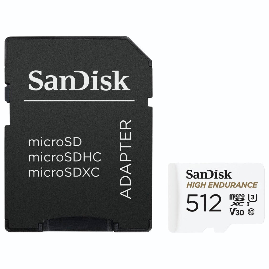 Un adaptateur SanDisk noir et une carte microSDXC blanche de 512 Go.