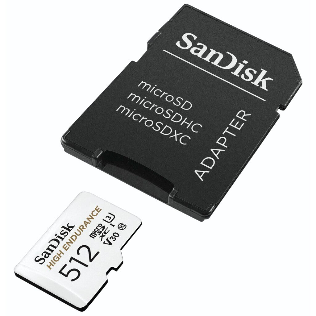 Un adaptateur SanDisk noir et une carte microSD blanche de 512 Go.