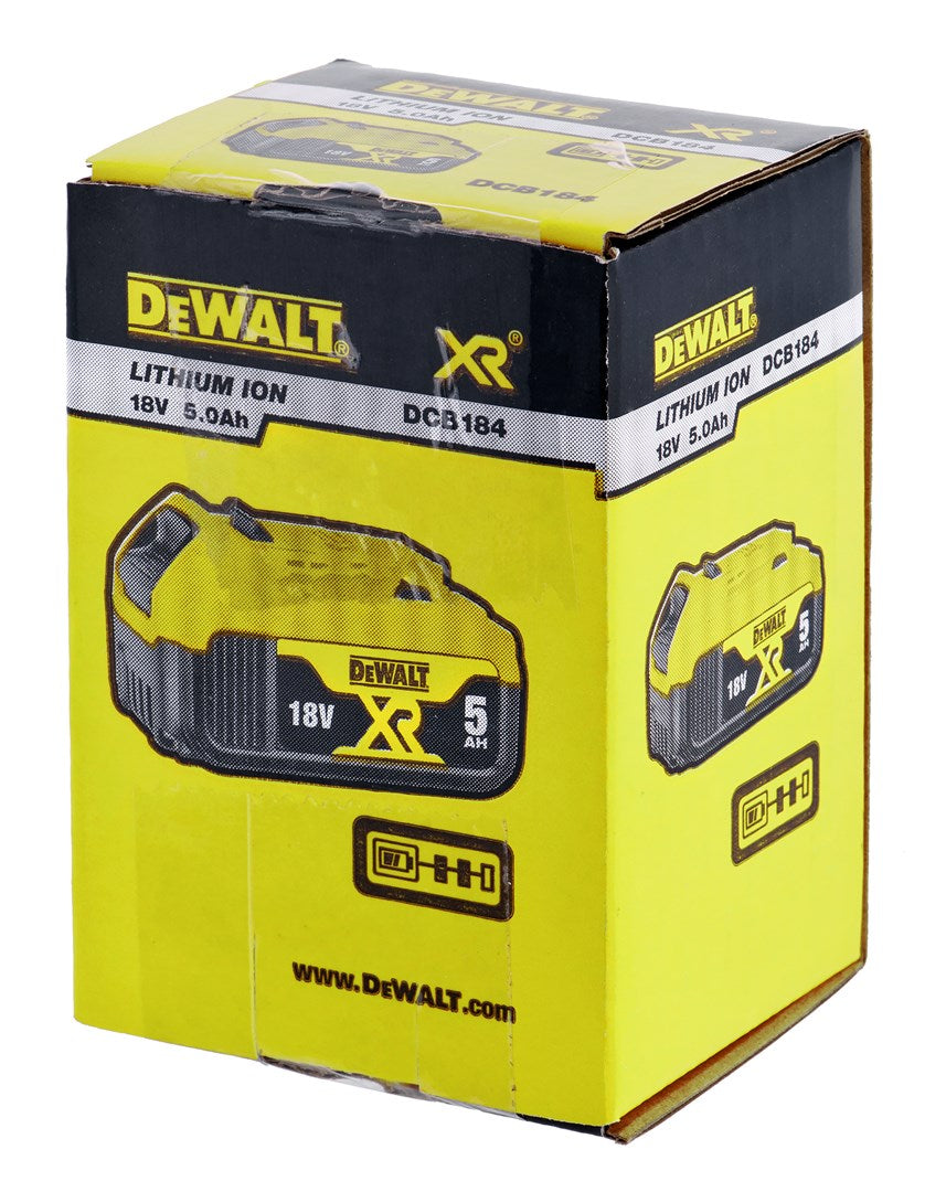 Gelber DeWalt-Karton zeigt Bild und Details einer 18V 5,0Ah Lithium-Ionen-Batterie.