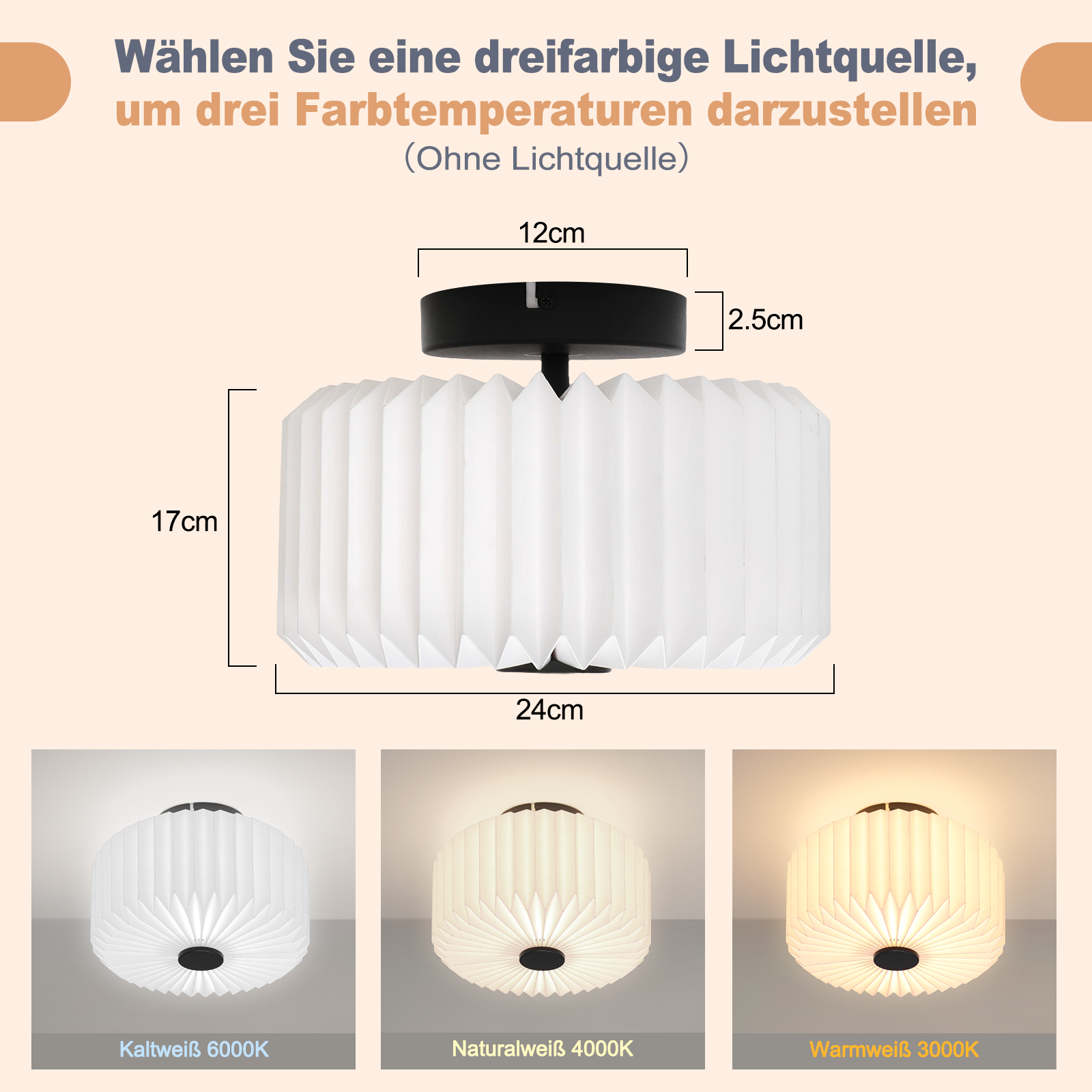 Luz de techo con pantalla plisada y dimensiones.