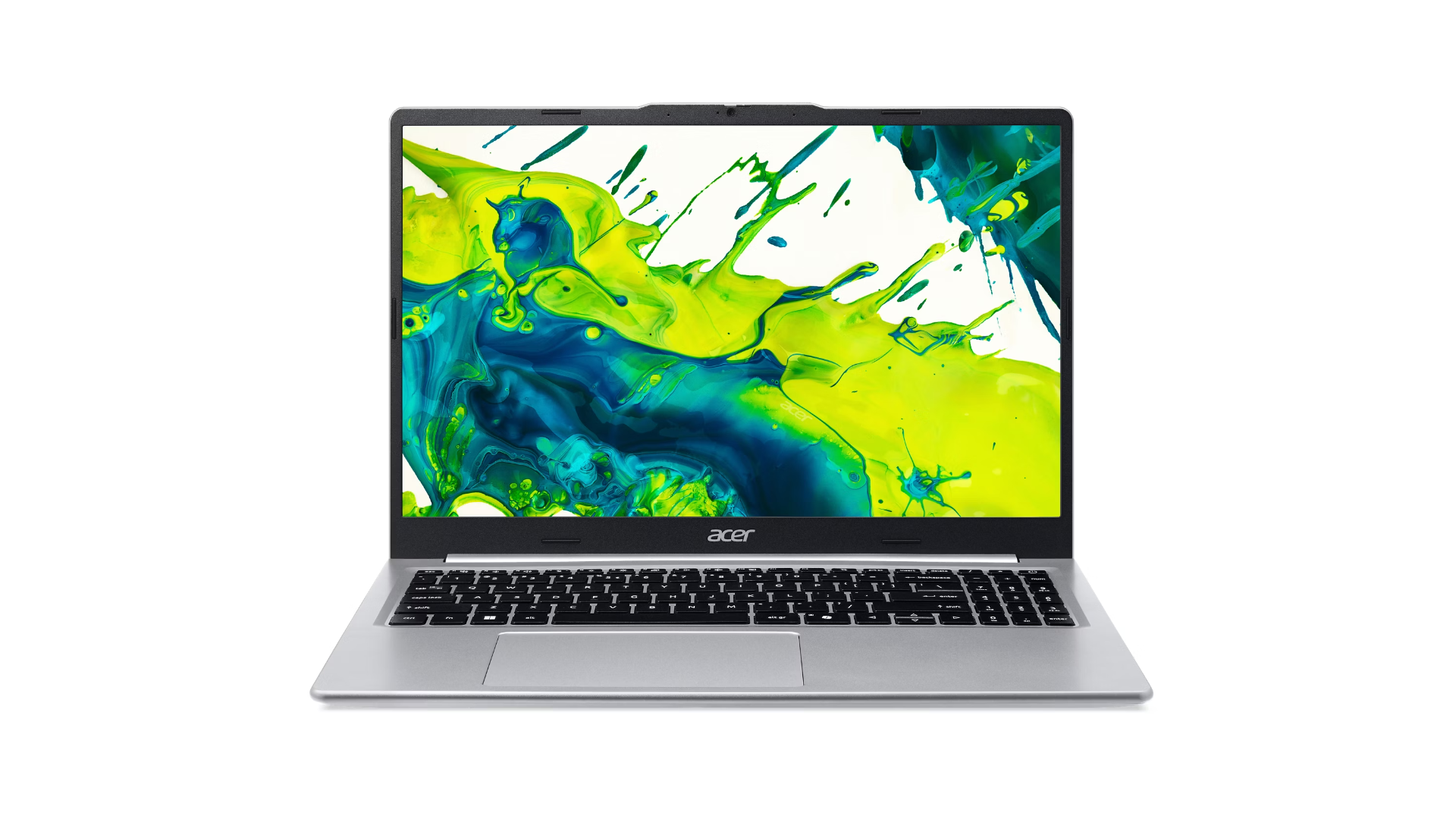 Un laptop Acer argentato mostra uno sfondo astratto e colorato.