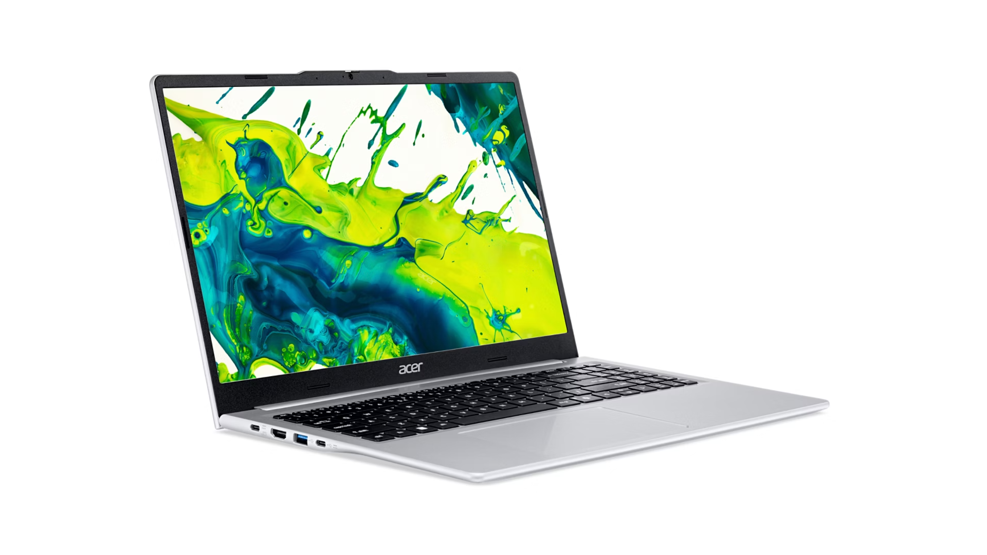 Un laptop Acer argentato aperto con uno screensaver colorato sullo schermo.