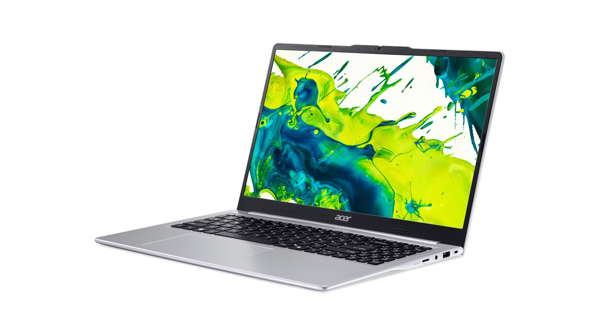 Un laptop Acer argentato con uno sfondo colorato sullo schermo.