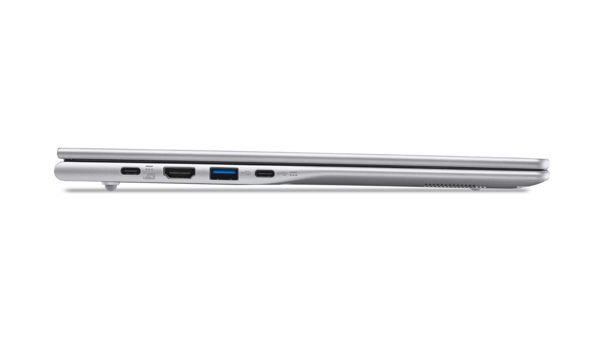 Laptop argento con porte USB-C, HDMI e USB-A.