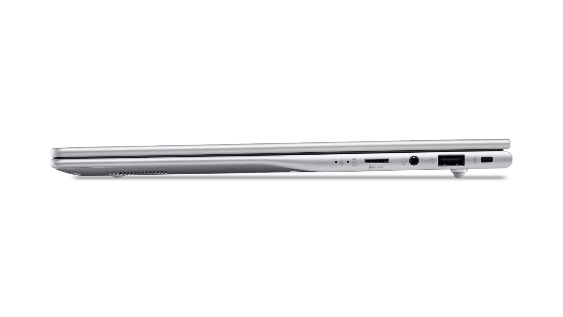 Laptop argentato, vista laterale sinistra con porte: MicroSD, cuffie, USB.