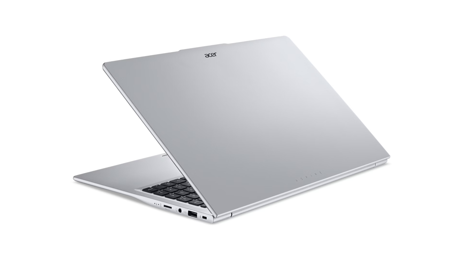 Laptop Acer Aspire argento, parzialmente aperto, con tastiera e porte.