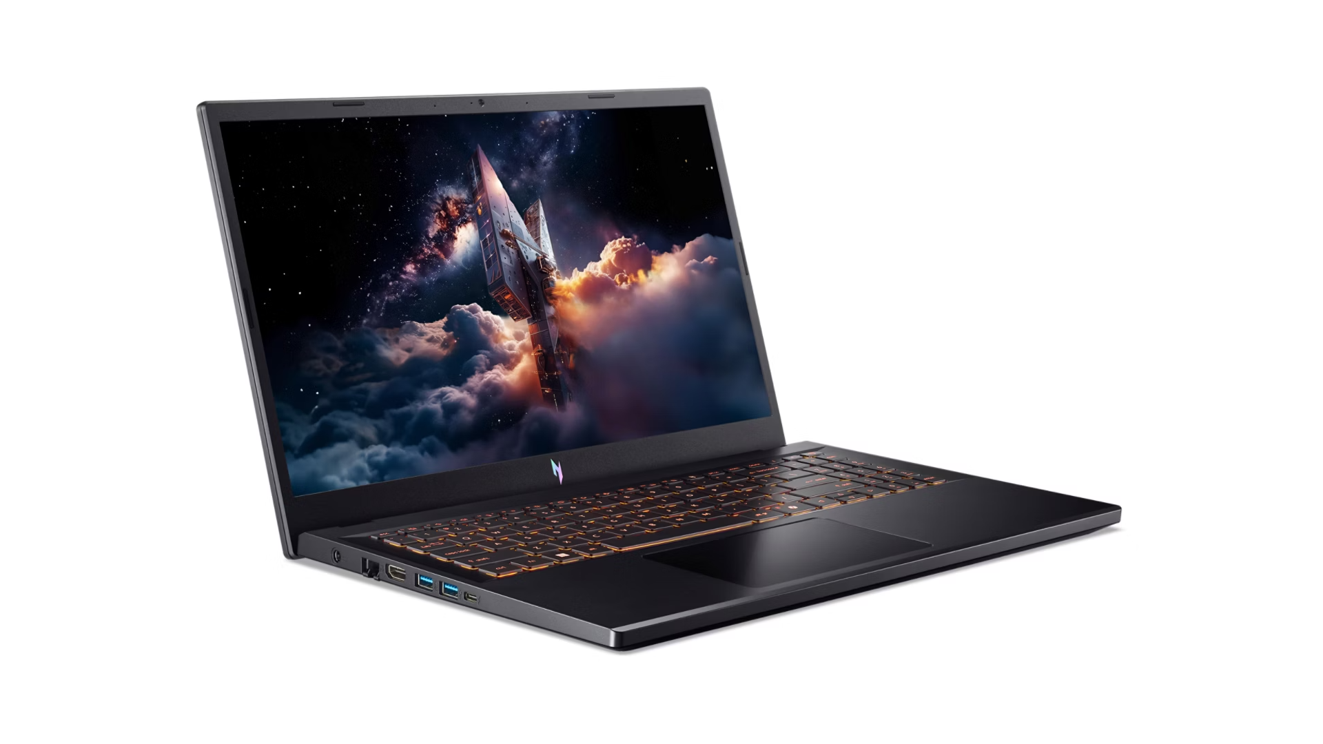 Laptop nero con tastiera arancione luminosa e sfondo a tema spaziale.