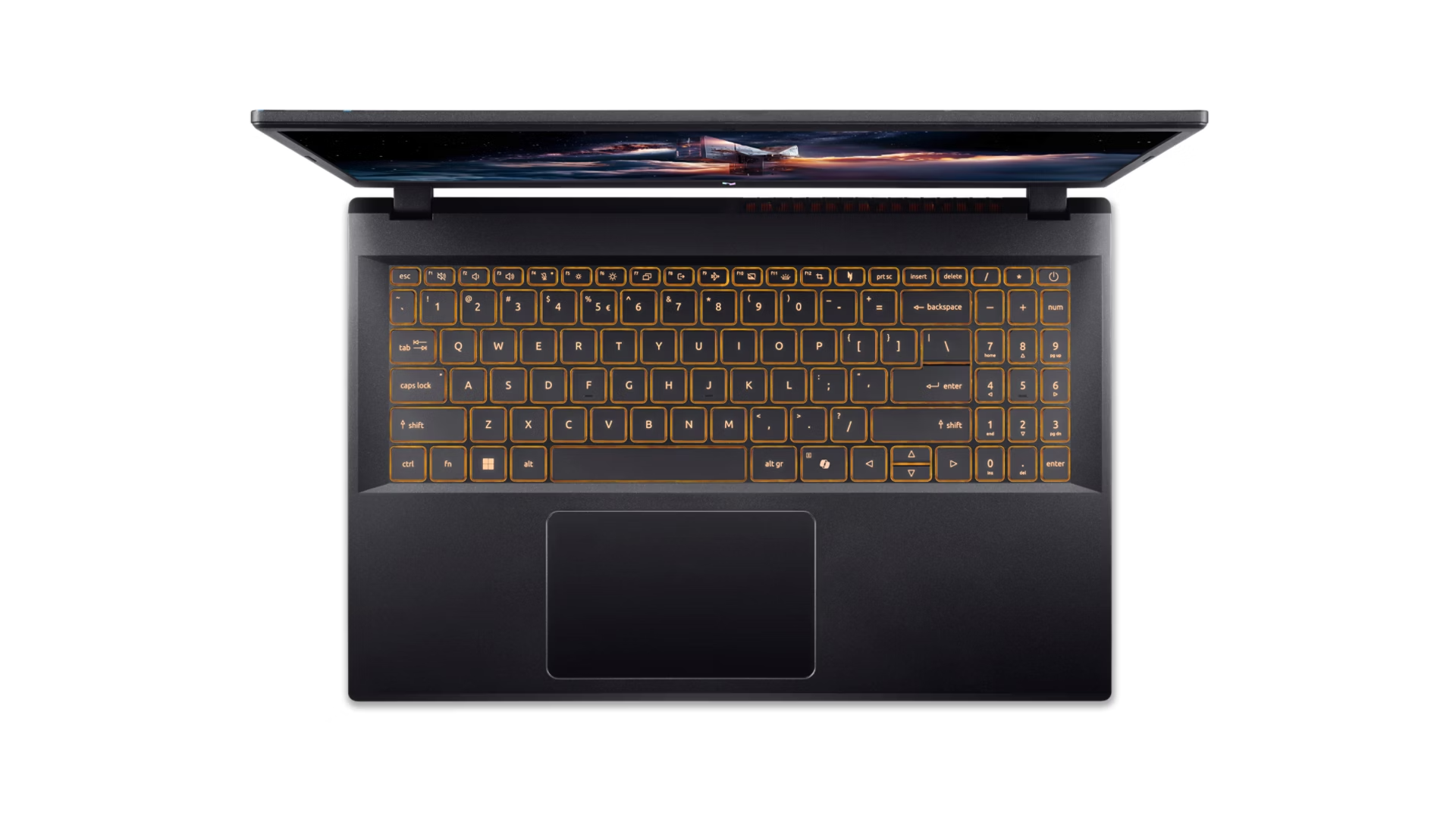 Un laptop nero aperto con tastiera retroilluminata arancione e sfondo a tema spaziale.