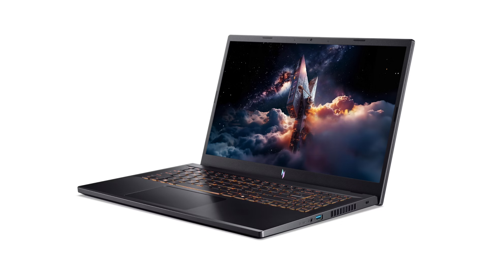 Un laptop scuro con tastiera retroilluminata e schermo a tema spaziale.