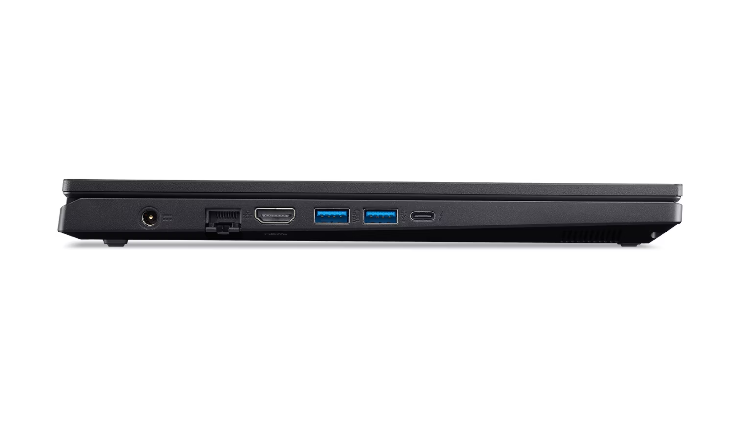 Vista laterale di un laptop nero che mostra le porte: alimentazione, Ethernet, HDMI, USB-A, USB-C.