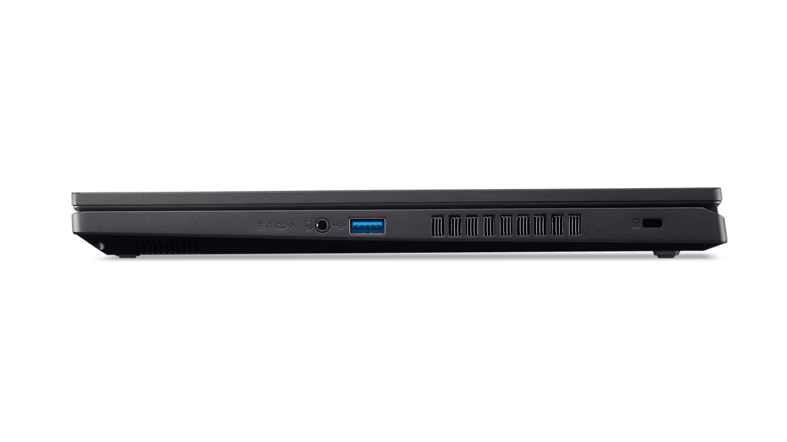 Vista laterale laptop nero con porte: USB, audio e griglie di ventilazione.