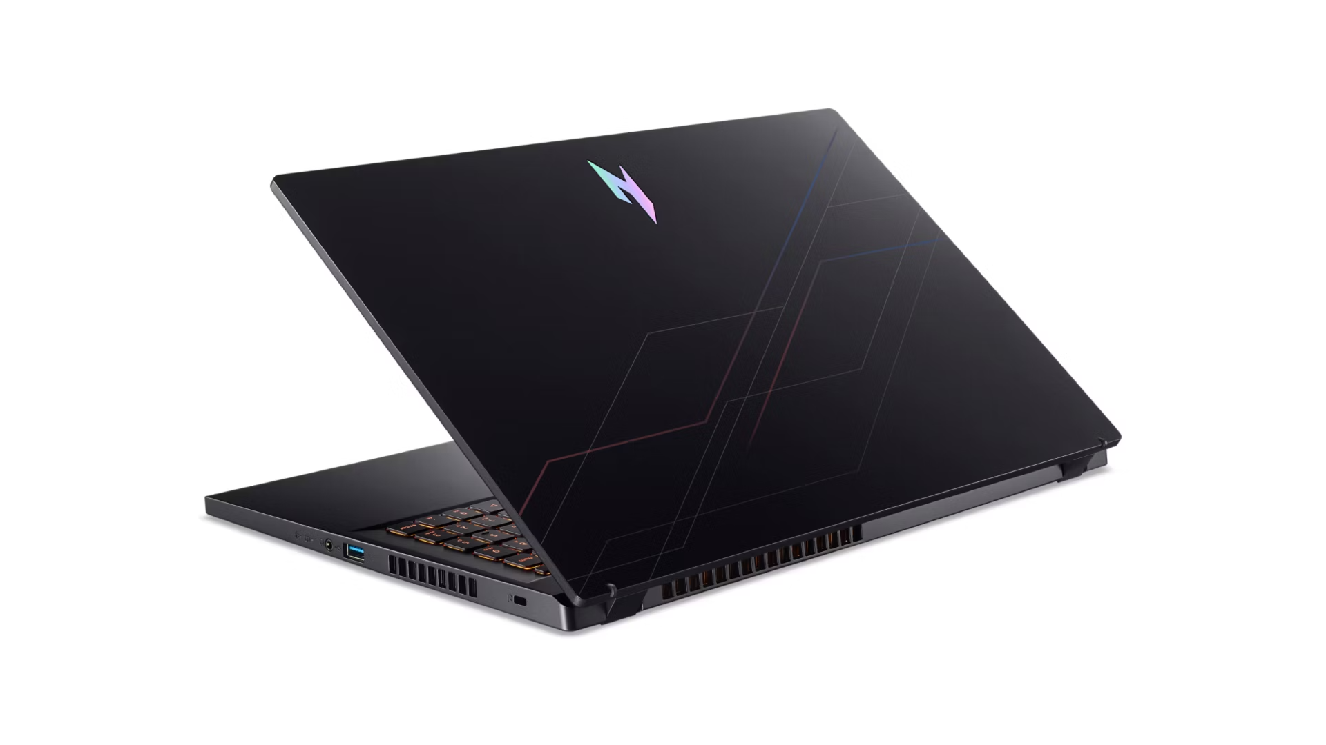Un laptop nero con tastiera retroilluminata e motivo geometrico sul coperchio.