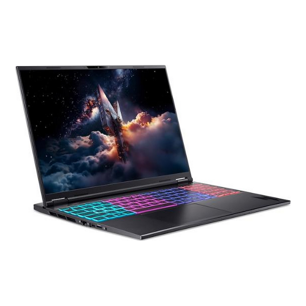 Un laptop aperto con una scena spaziale sullo schermo e tastiera retroilluminata.