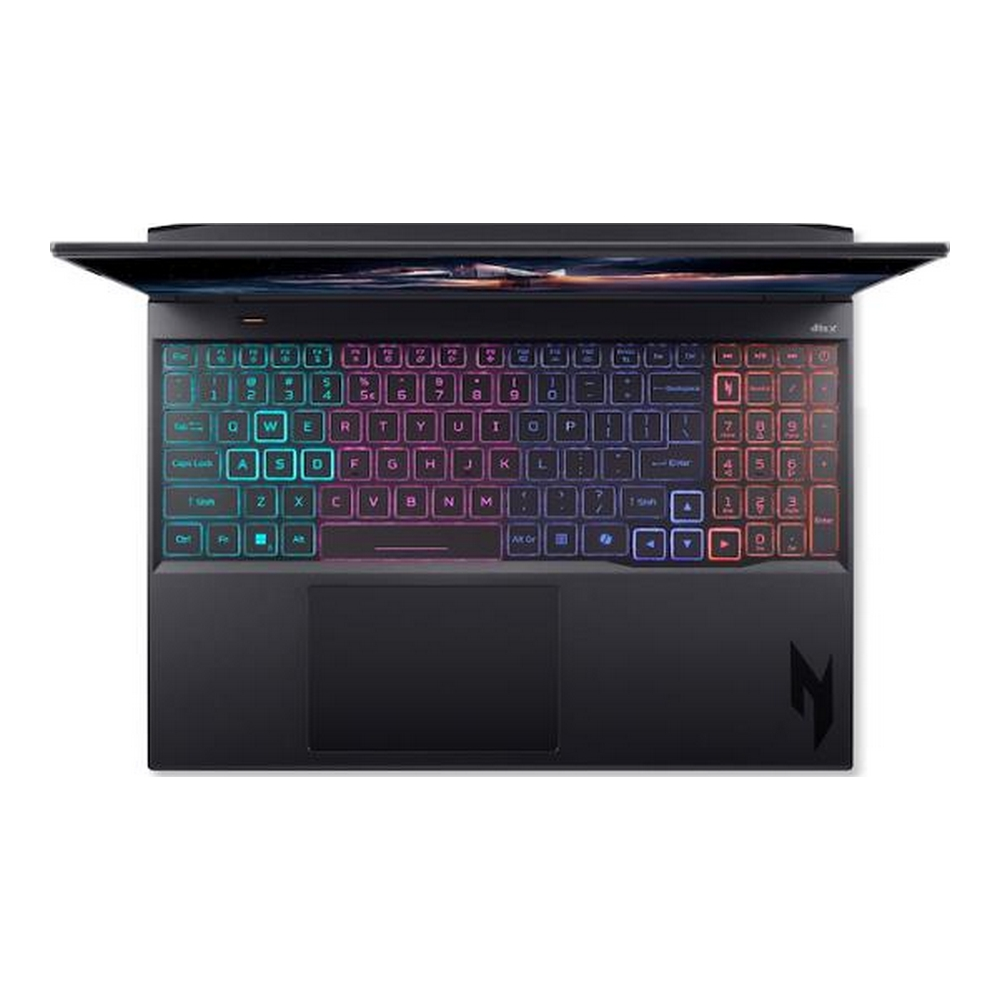 Un laptop aperto con tastiera e touchpad retroilluminati.