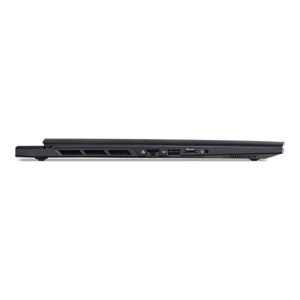 Vista laterale di un laptop nero con porte e fessure di ventilazione.