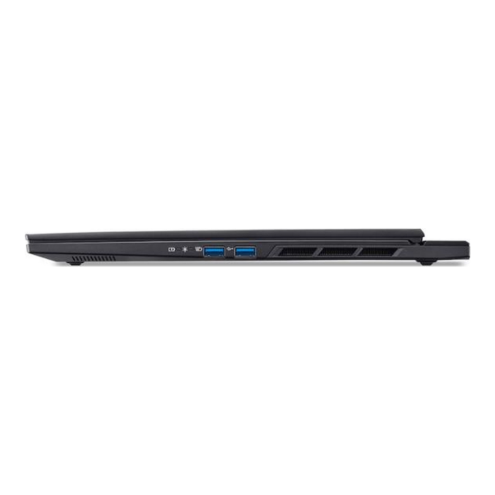 Vista laterale di un laptop nero con porte USB e griglie di ventilazione.