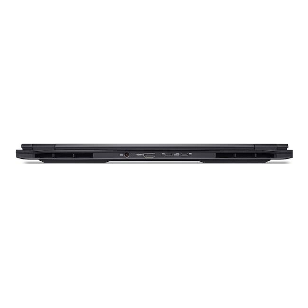 Il lato inferiore di un laptop nero chiuso che mostra le porte.
