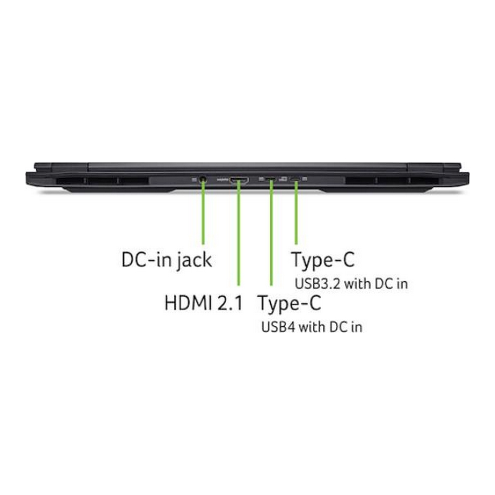 Vista laterale del laptop che mostra porte DC-in, HDMI 2.1 e due Type-C.