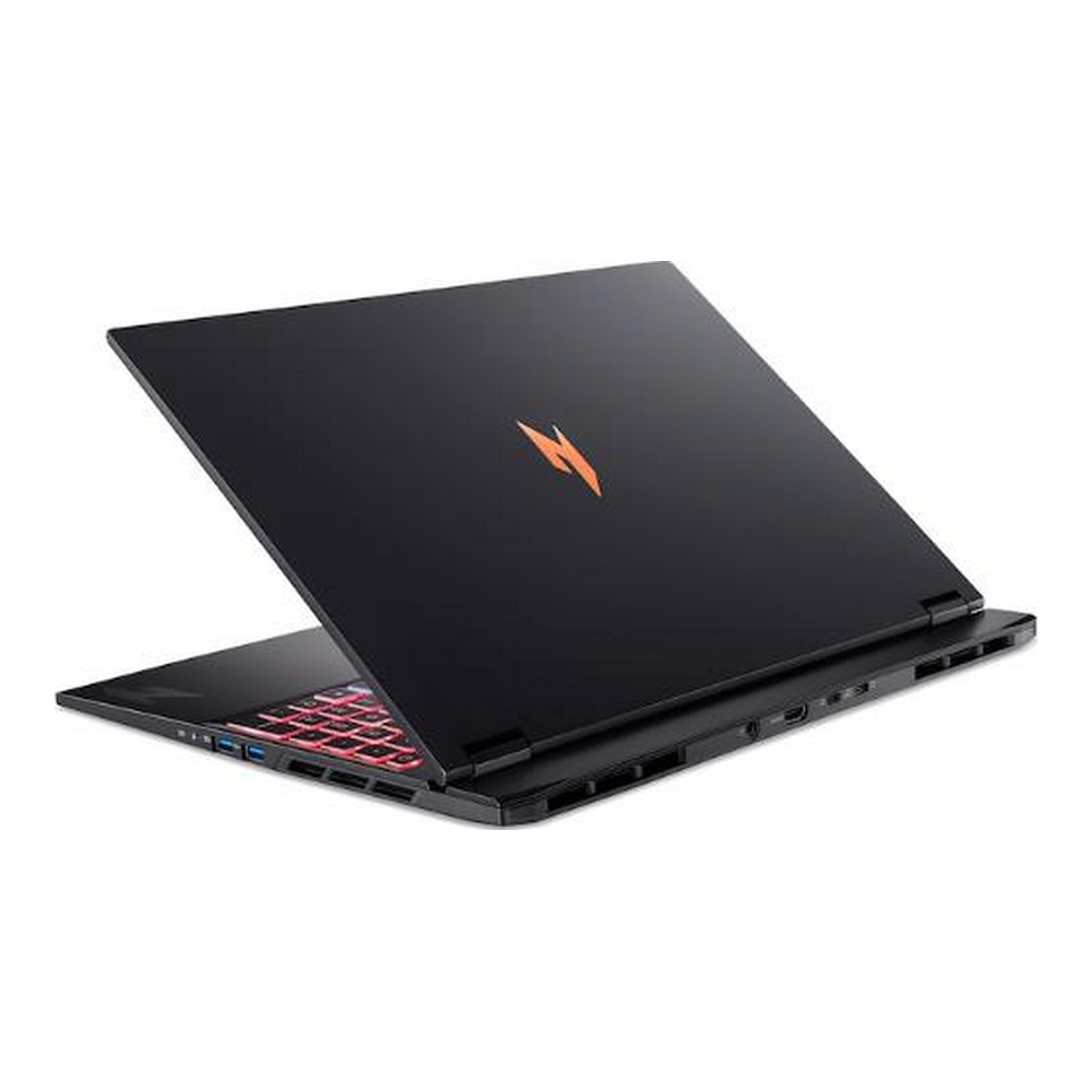 Laptop nero con tastiera illuminata e logo arancione sul coperchio.
