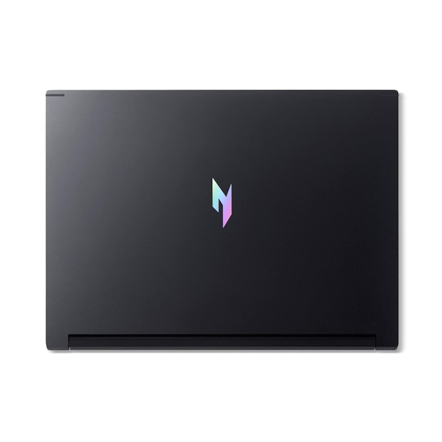 Laptop nero chiuso con logo colorato al centro.