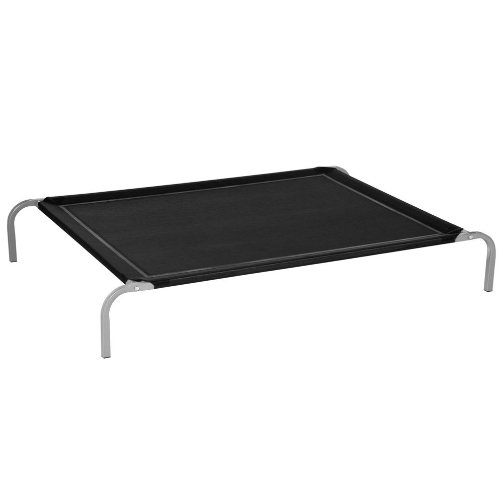 Cama elevada negra para mascotas con marco metálico y cuatro patas curvas.