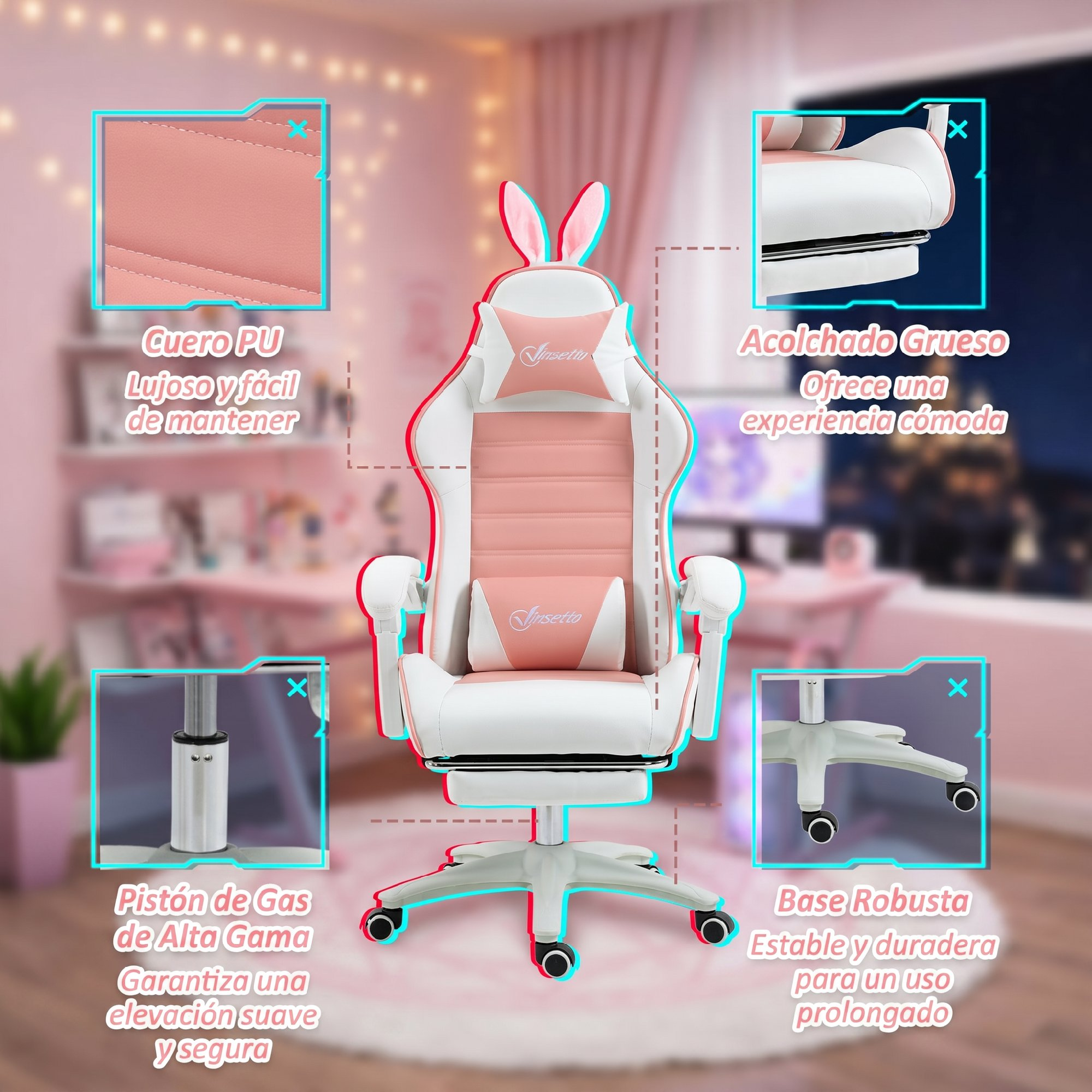 Una silla gamer blanca y rosa con orejas de conejo y cojines.