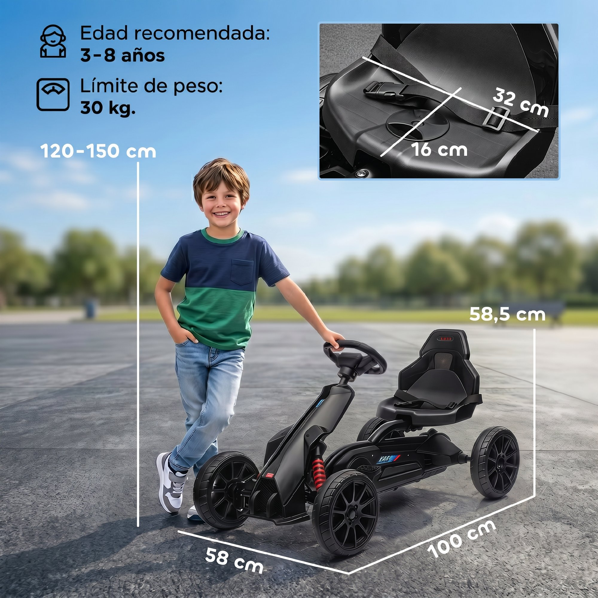 Un niño junto a un kart negro con amortiguadores rojos. Se muestran las dimensiones.
