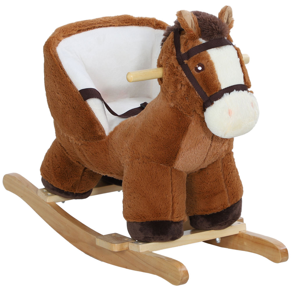 Un caballito de peluche marrón con detalles blancos y balancines de madera.