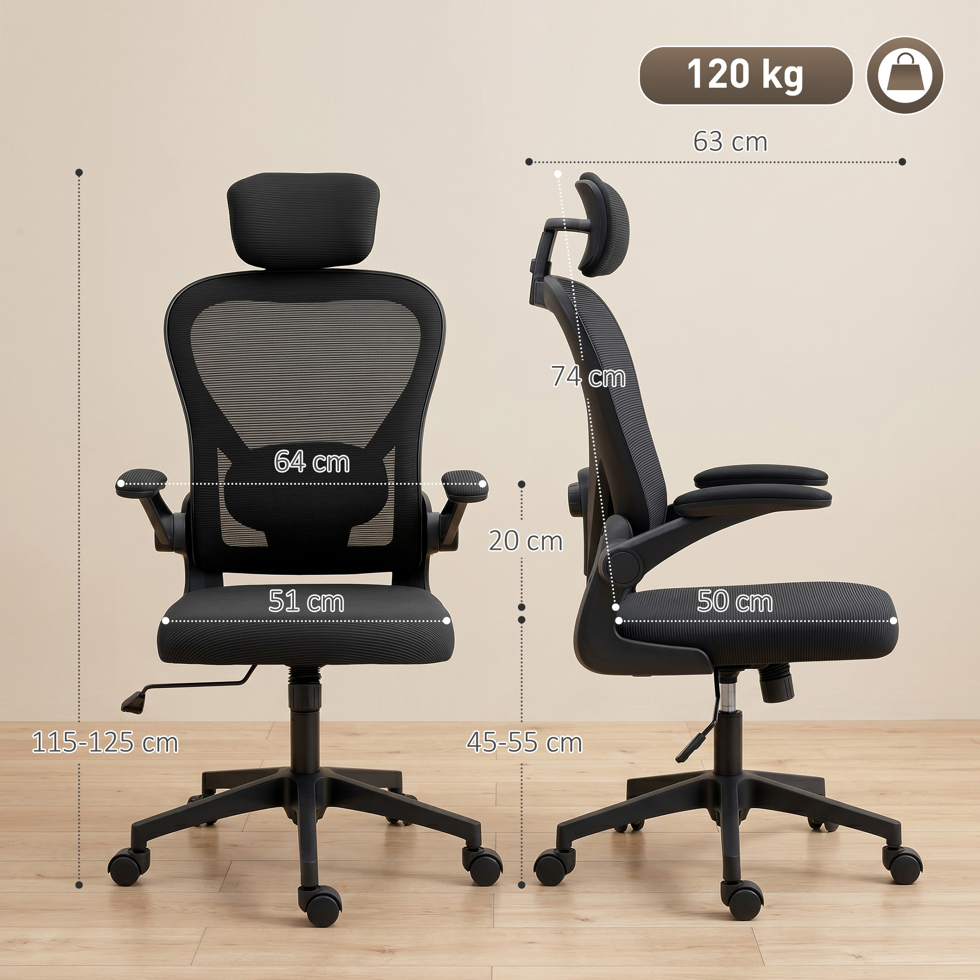Dos vistas de una silla de oficina ergonómica negra con dimensiones indicadas. Carga máx. 120 kg.