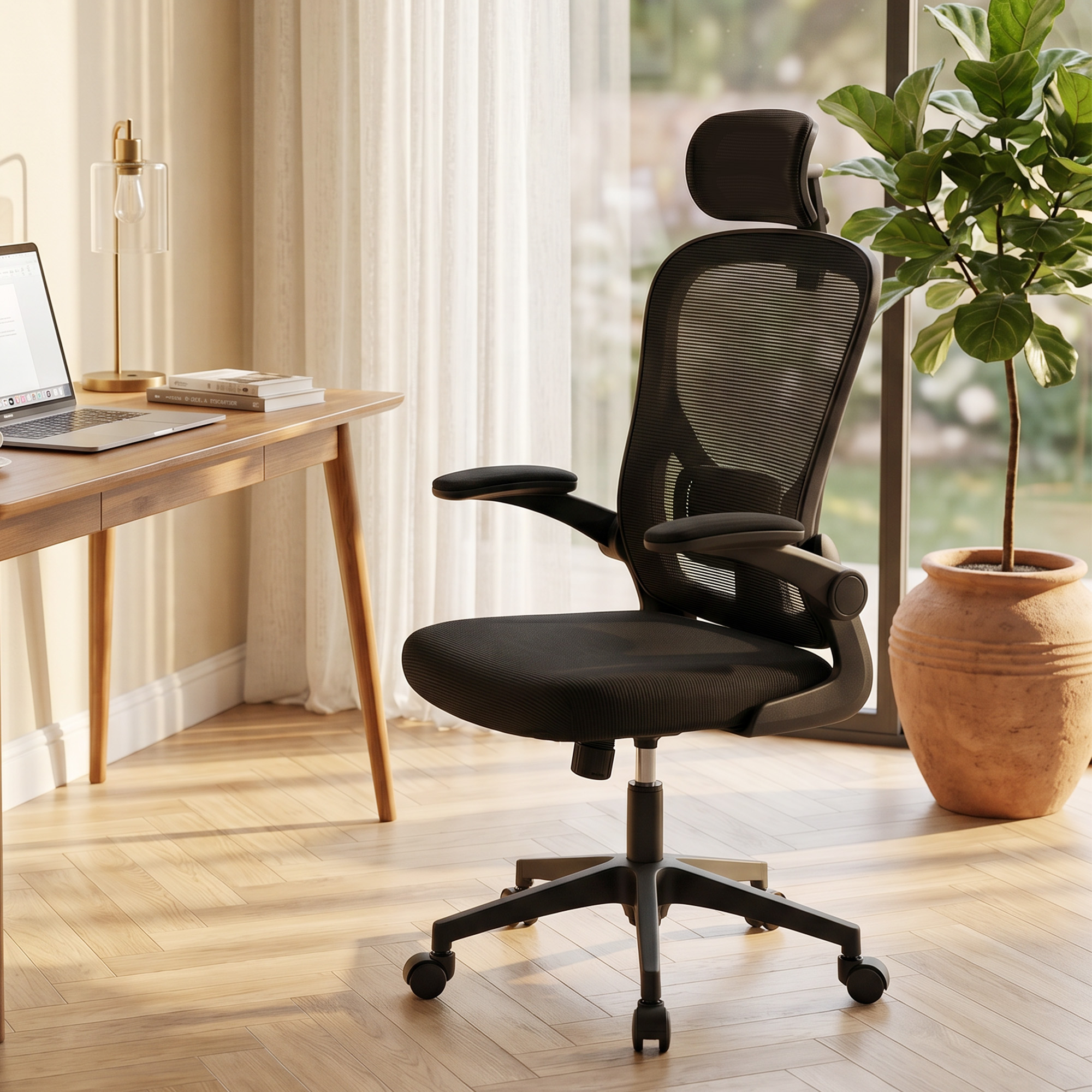 Una silla de oficina negra de malla con reposacabezas junto a un escritorio con portátil.
