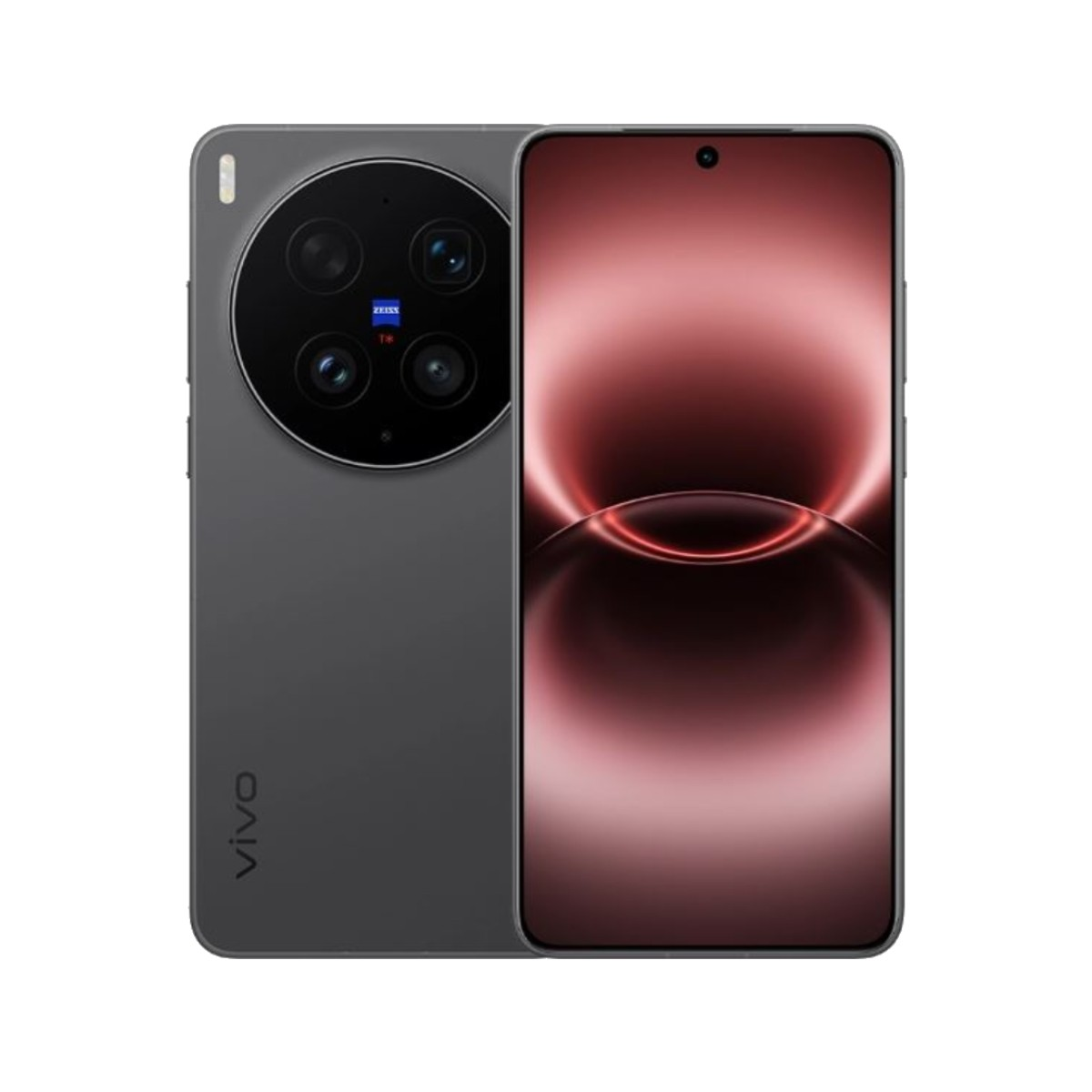 Smartphone grigio scuro con modulo fotocamera rotondo e sfondo rosso.