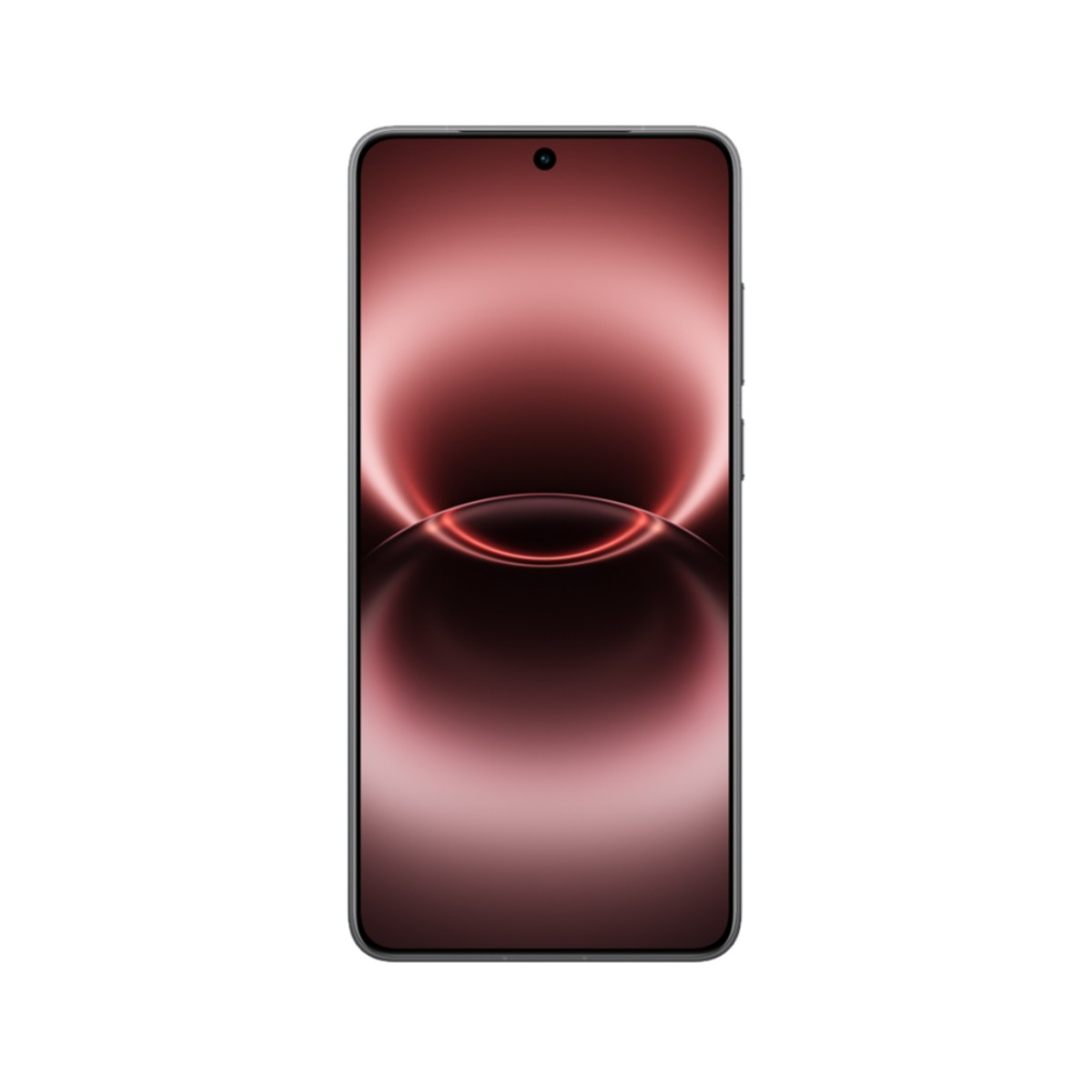 Uno smartphone scuro con uno sfondo astratto rosso.