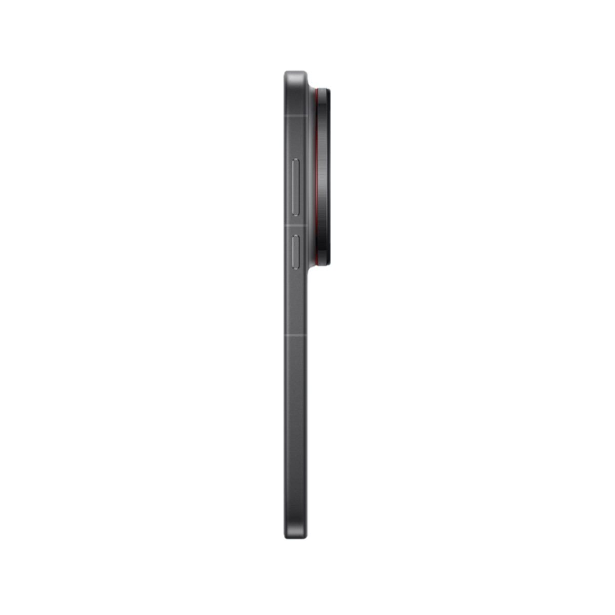 Profilo smartphone grigio con fotocamera e accenti rossi su sfondo bianco.