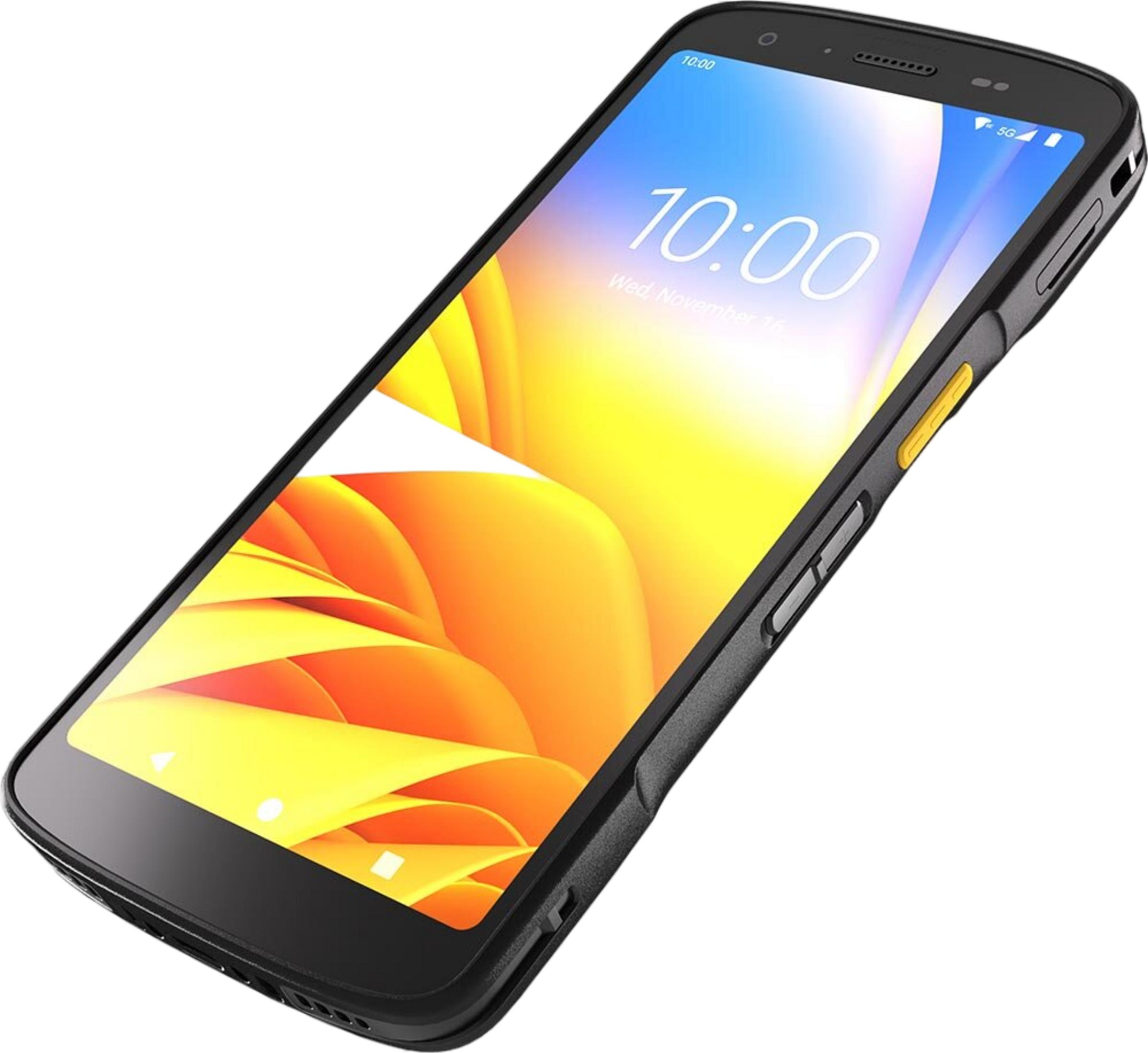 Smartphone nero con sfondo vivace, icona 5G in alto a destra.