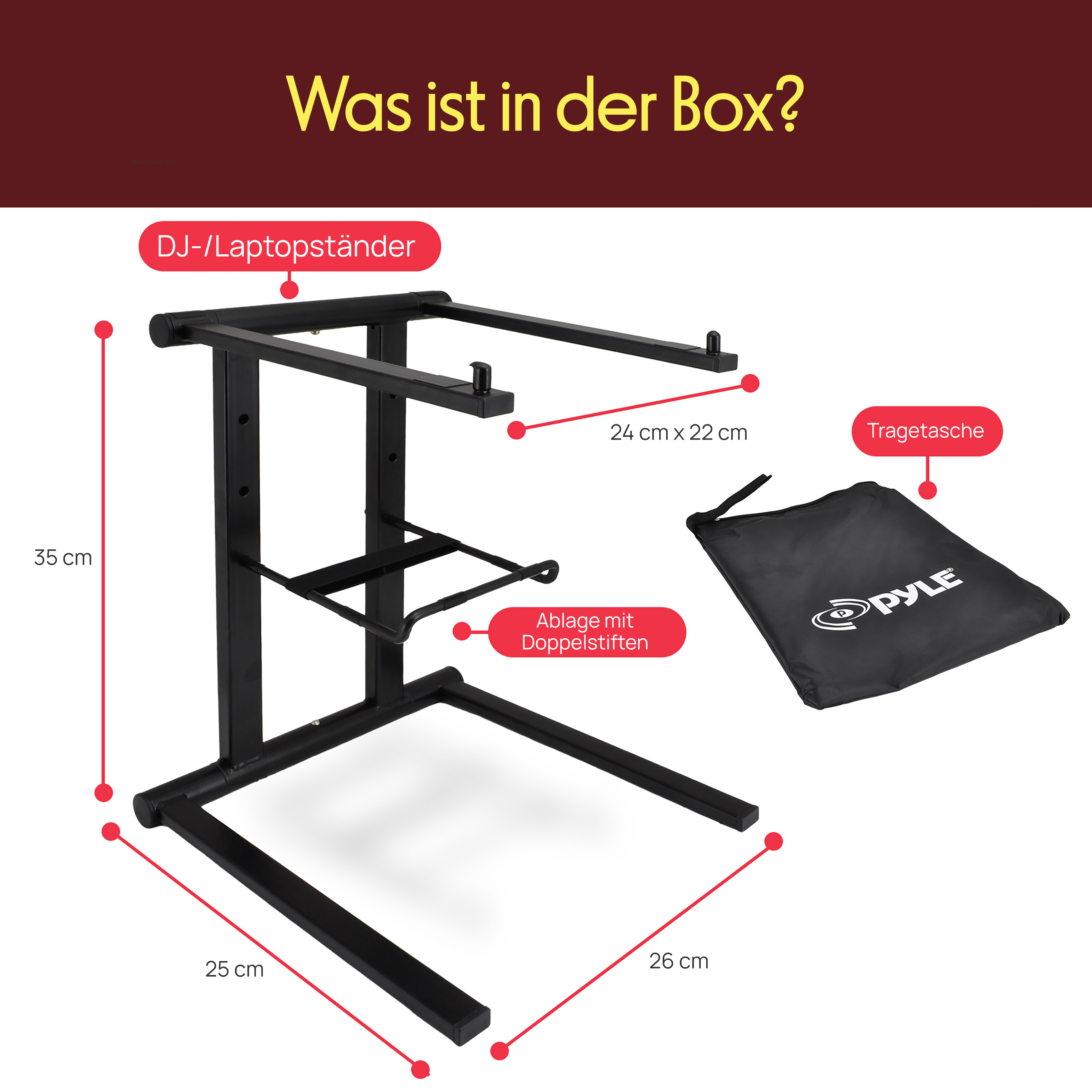 Ein schwarzer DJ-/Laptopständer mit Tragetasche und Maßen.