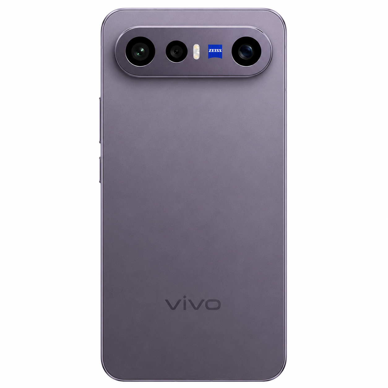 Smartphone Vivo morado con triple cámara y logo ZEISS en la parte trasera.