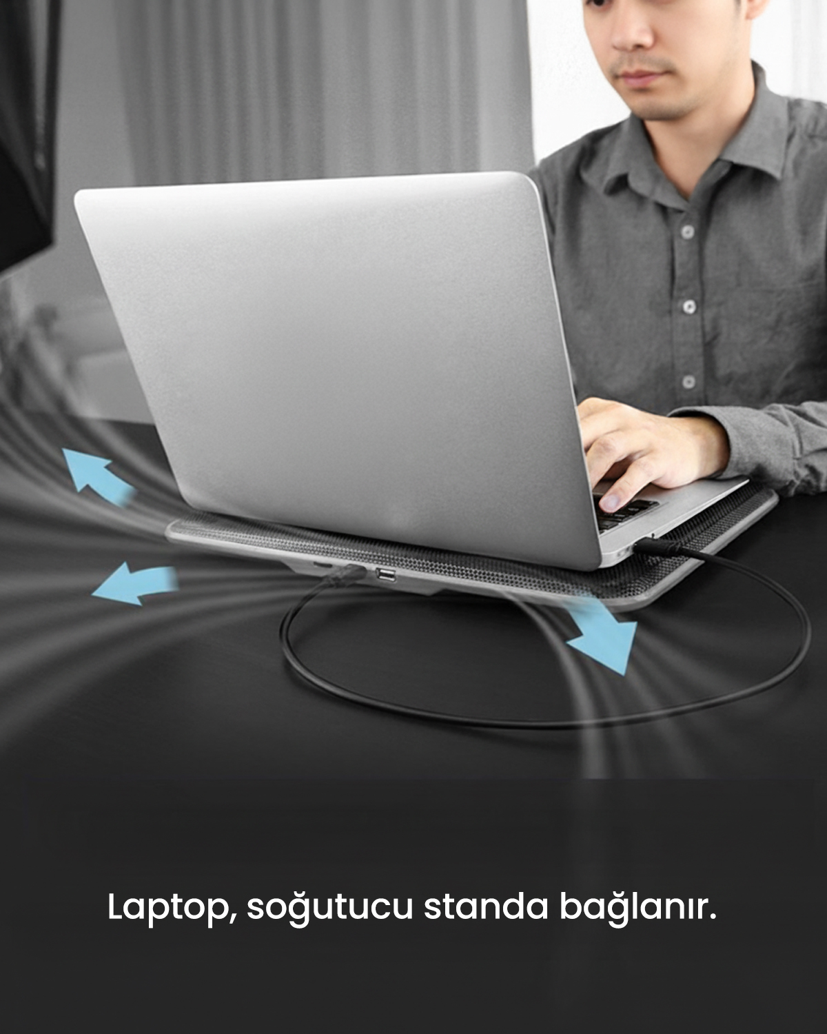 Laptop soğutucu stant üzerinde, hava akışı oklarla gösteriliyor.