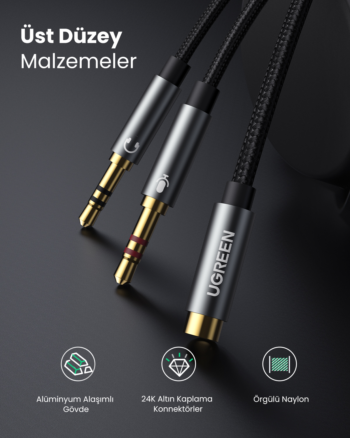 Trzy kable audio/mikrofonowe ze złotymi złączami i czarnymi plecionymi osłonami.
