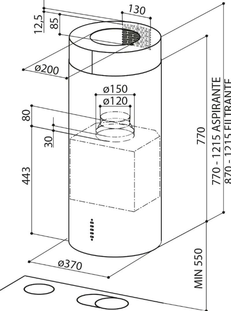 Disegno tecnico di una cappa aspirante con dimensioni.