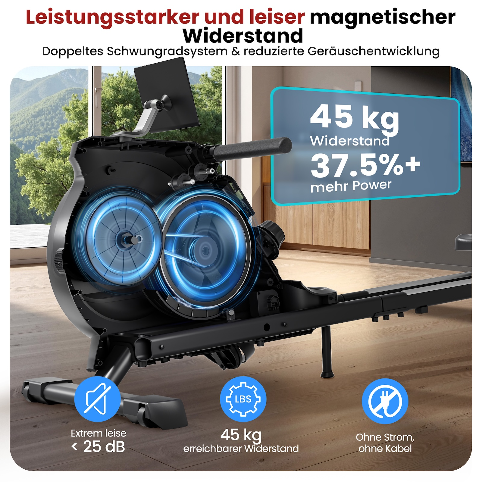 Rudergerät mit 45kg Widerstand, extrem leise (<lt/>25dB) und kabellos.