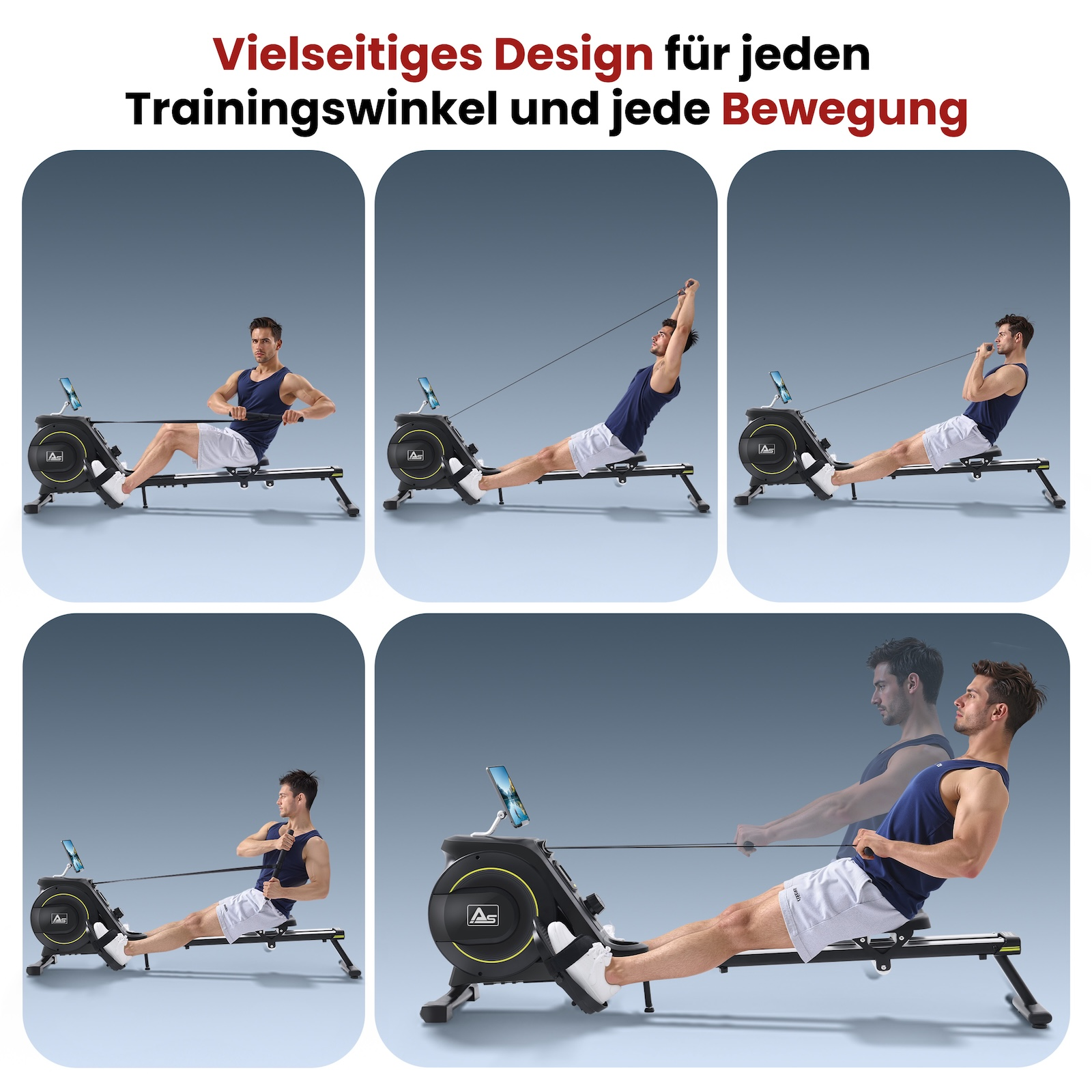 Mann auf Rudergerät in verschiedenen Trainingspositionen.