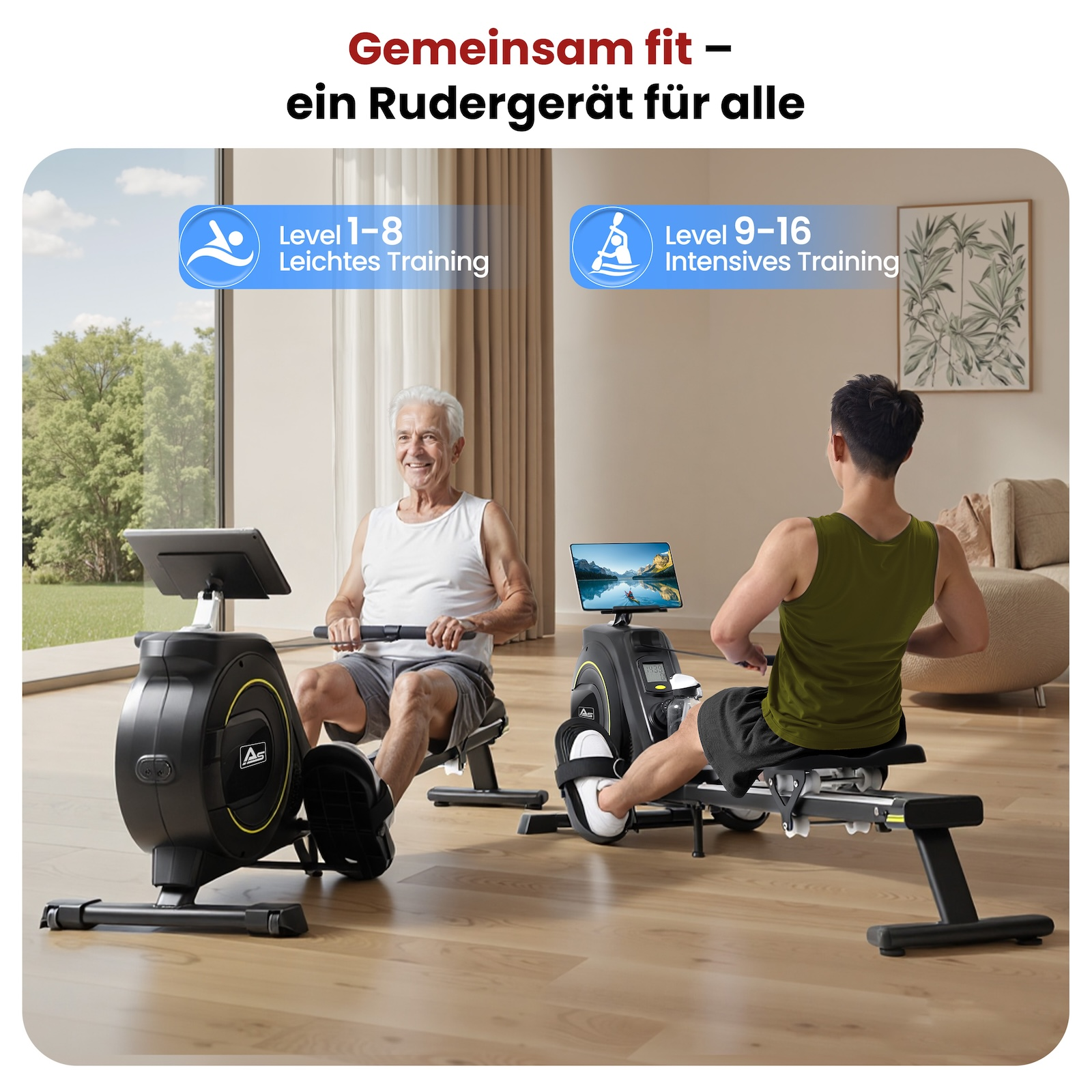 Ein älterer Mann und ein junger Mann rudern auf Geräten nebeneinander.