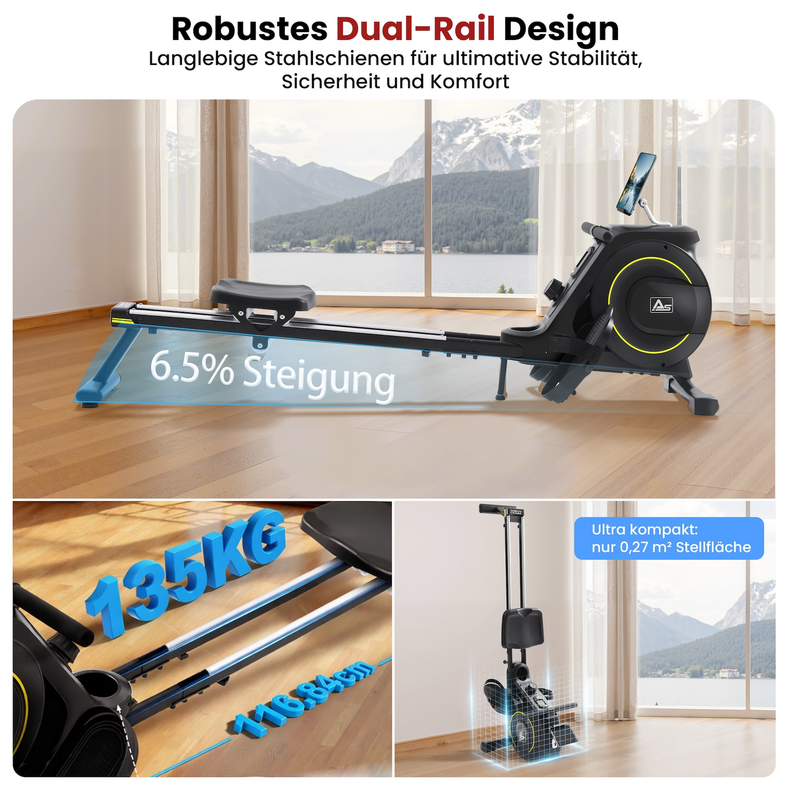 Rudergerät mit Dual-Rail-Design, 6,5% Steigung, 135kg Kapazität, kompakt.