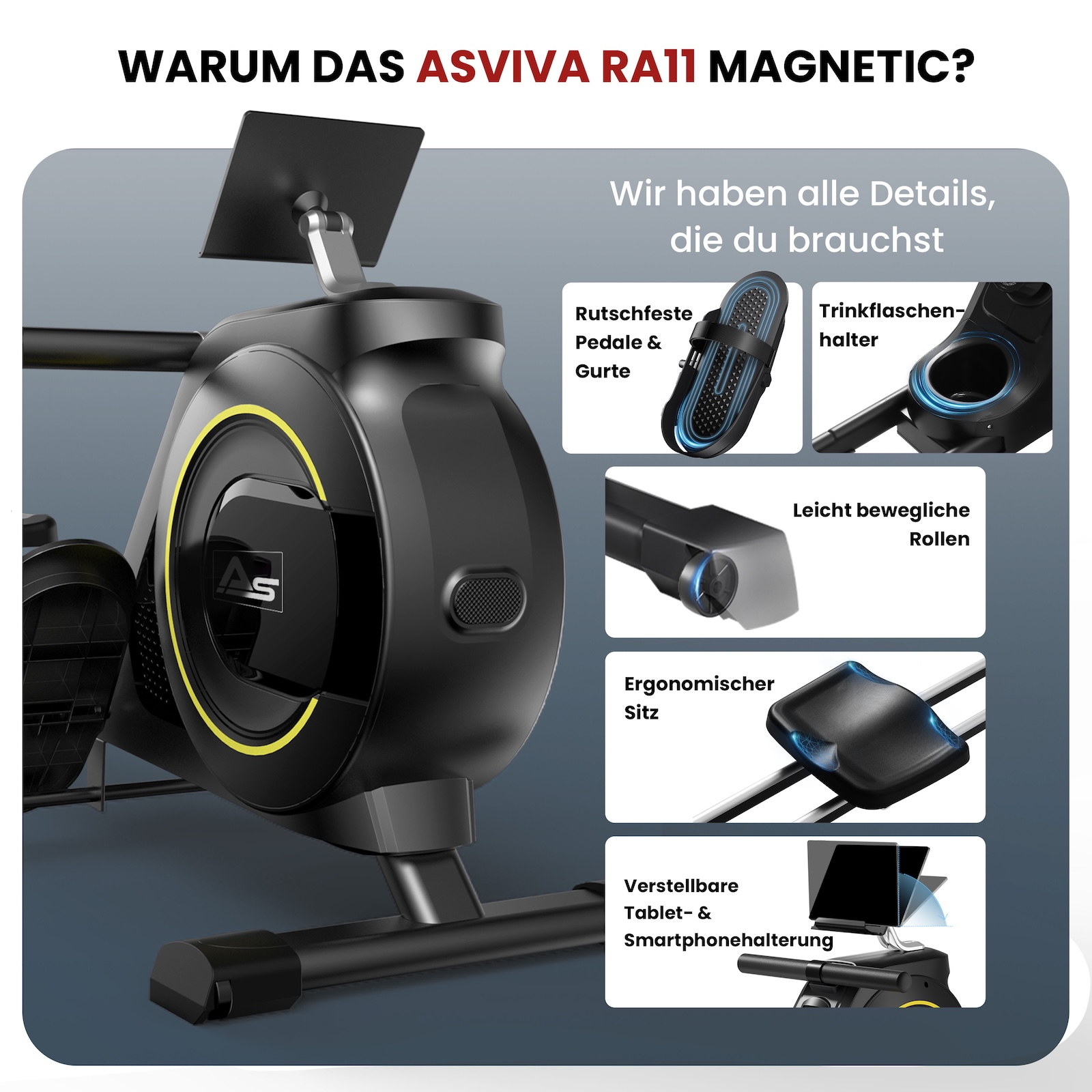 Ein schwarzer Heimtrainer mit gelbem Akzent, Tablet-Halterung und Detailbildern.