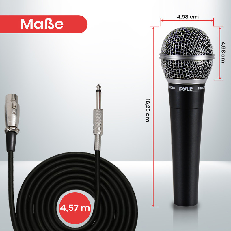 Schwarzes Mikrofon mit Kabel und Anschlüssen, Maße angegeben.