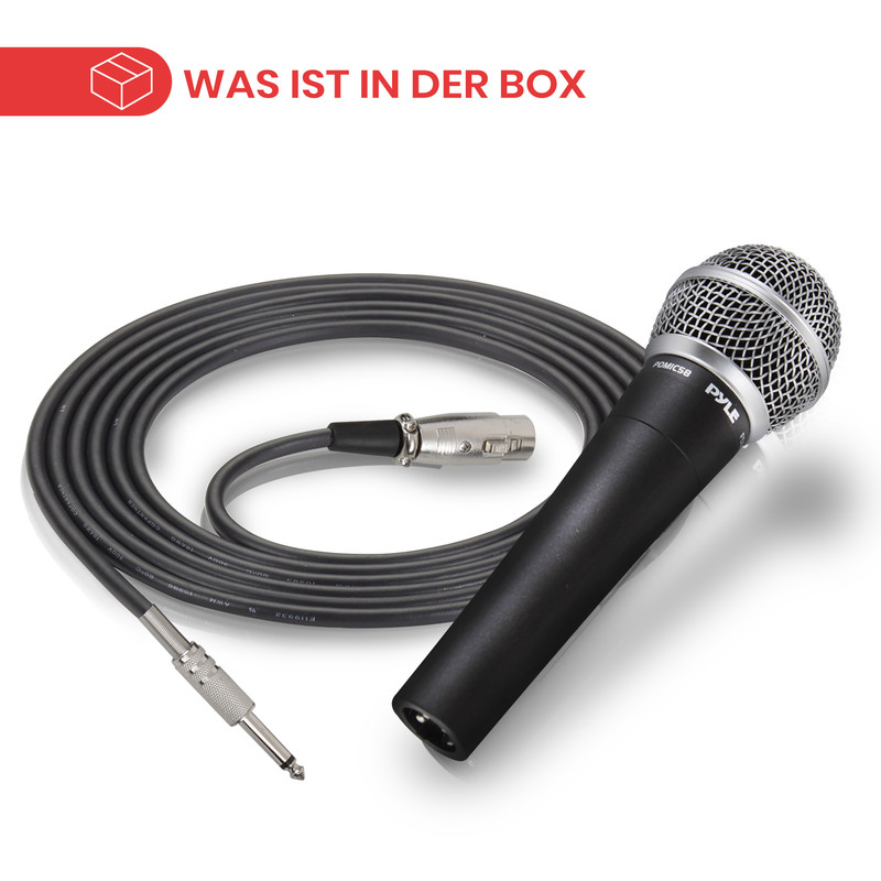 Ein schwarzes Mikrofon mit Kabel und Anschlüssen liegt auf weißem Grund.
