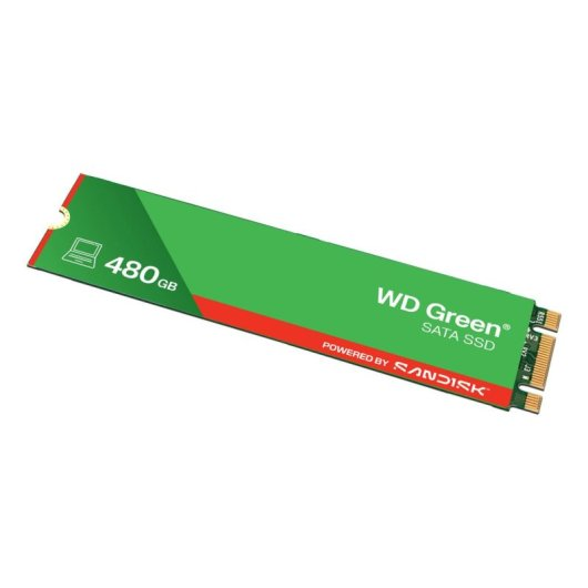 Eine grüne WD Green 480GB SATA SSD mit roten Akzenten und Anschlussstiften.