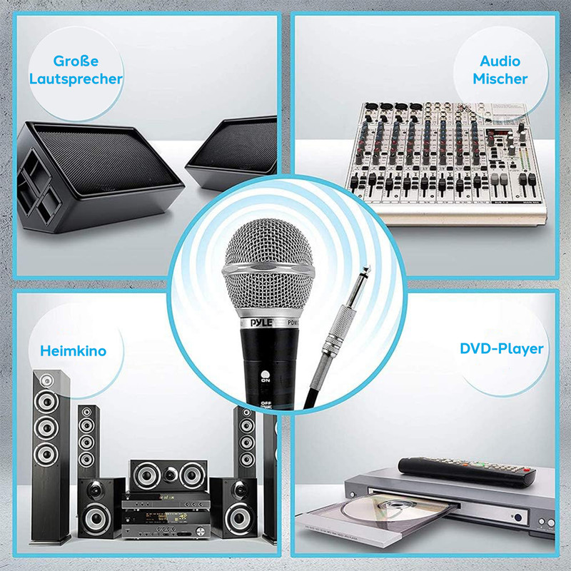 Collage mit Audio-Equipment: Lautsprecher, Mischpult, Mikrofon, Heimkino, DVD-Player.