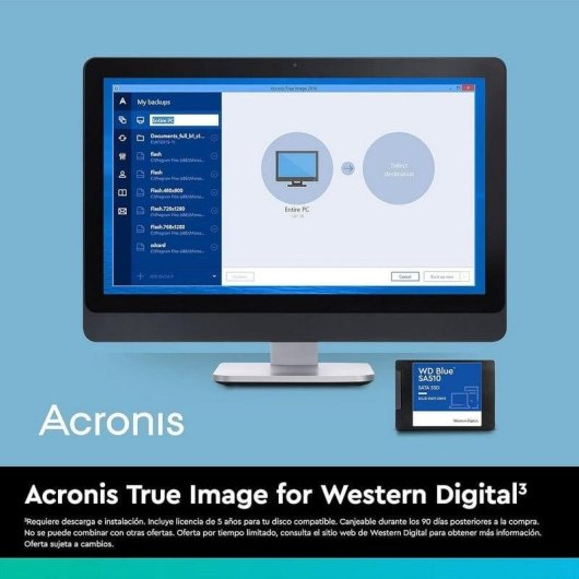 Acronis True Image yedekleme yazılımı ve WD Blue SSD gösteren masaüstü bilgisayar.